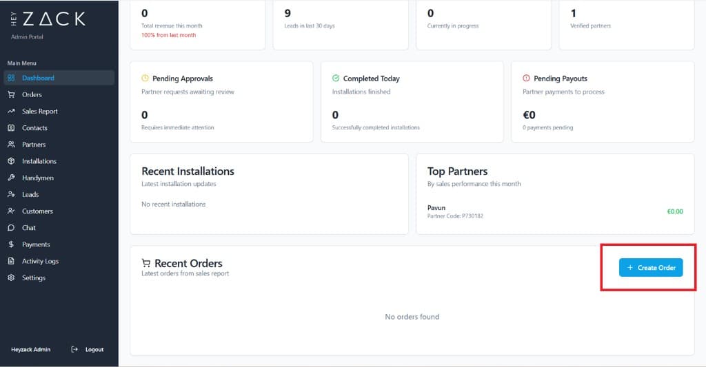 Create order button on dashboard