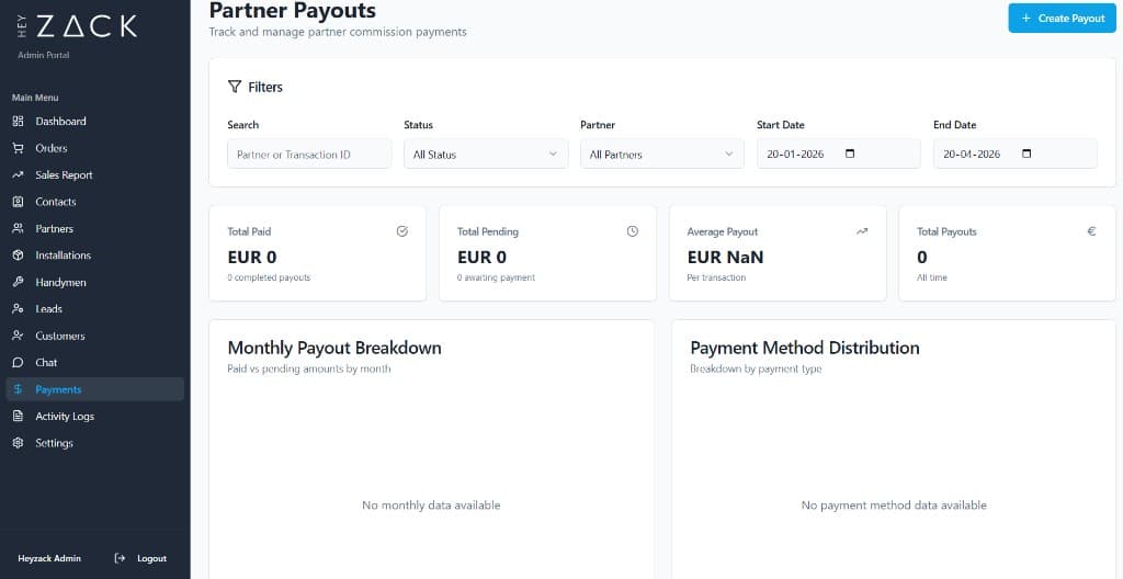 Partner payouts screen with filters and create payout button