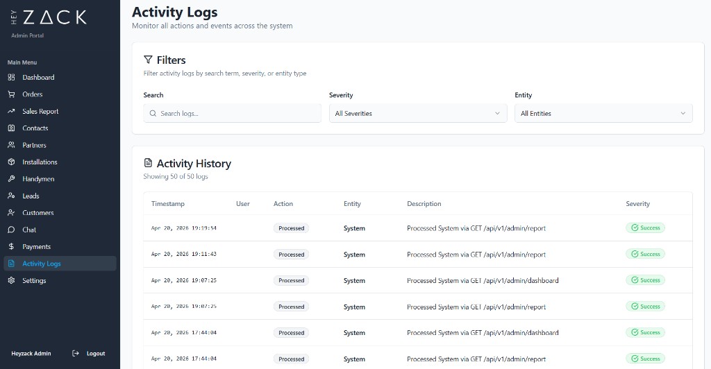 Activity logs table with filters and entry fields