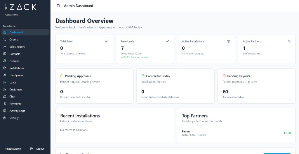HeyZack Admin Dashboard — sidebar with main menu, dashboard overview heading, KPI cards (Total Sales, New Leads, Active Installations, Active Partners), activity cards (Pending Approvals, Completed Today, Pending Payouts), Recent Installations, Top Partners, and Recent Orders