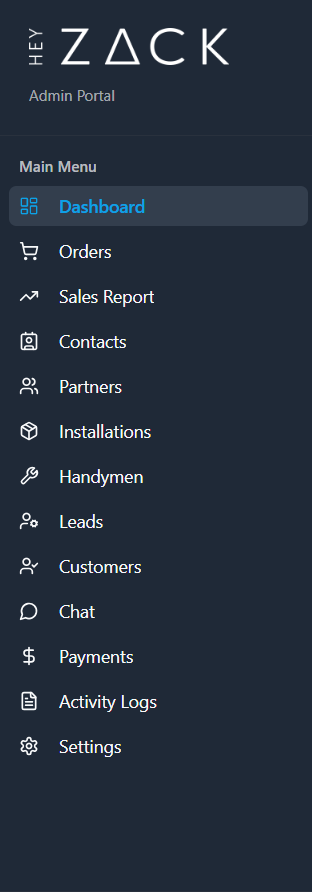 HEY ZACK Admin Portal — Main Menu sidebar with Dashboard, Orders, Sales Report, Contacts, Partners, Installations, Handymen, Leads, Customers, Chat, Payments, Activity Logs, and Settings