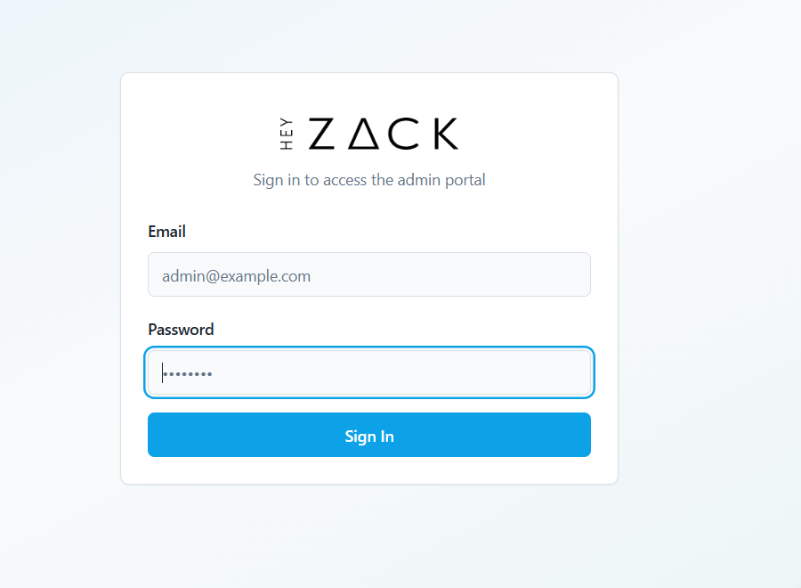 HeyZack CRM sign-in page: HEY ZACK logo, email and password fields, and Sign In button