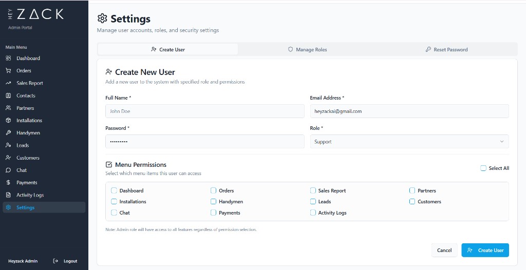 HeyZack Admin Portal — Settings, Create User tab showing Create New User form and Menu Permissions checkboxes including Dashboard, Orders, Sales Report, and more