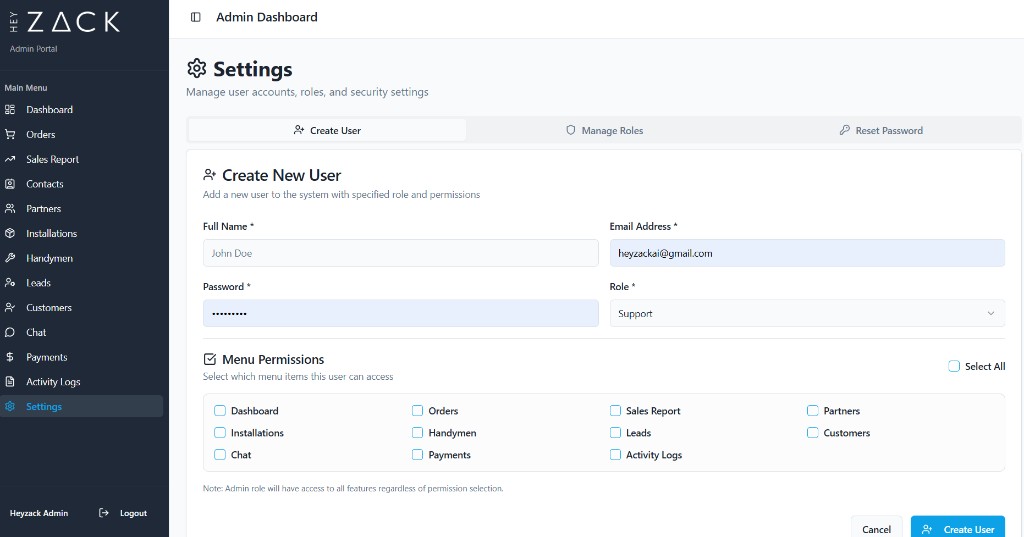 HeyZack Admin Portal — Settings, Create User tab: Create New User form with Full Name, Email, Password, Role dropdown, Menu Permissions checkboxes (Dashboard, Orders, Sales Report, and more), Select All, Cancel and Create User buttons