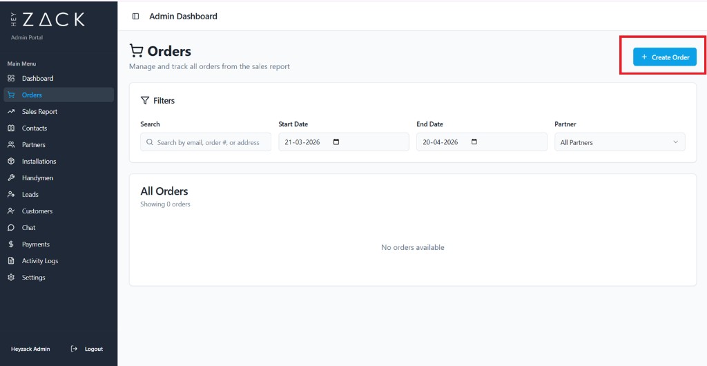 Create order button on orders page