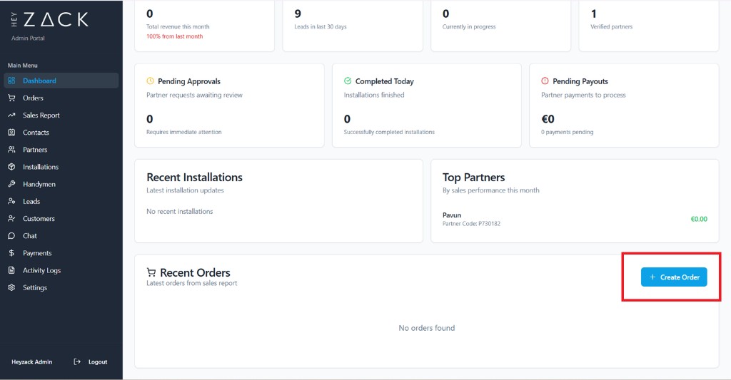 Create order button on dashboard