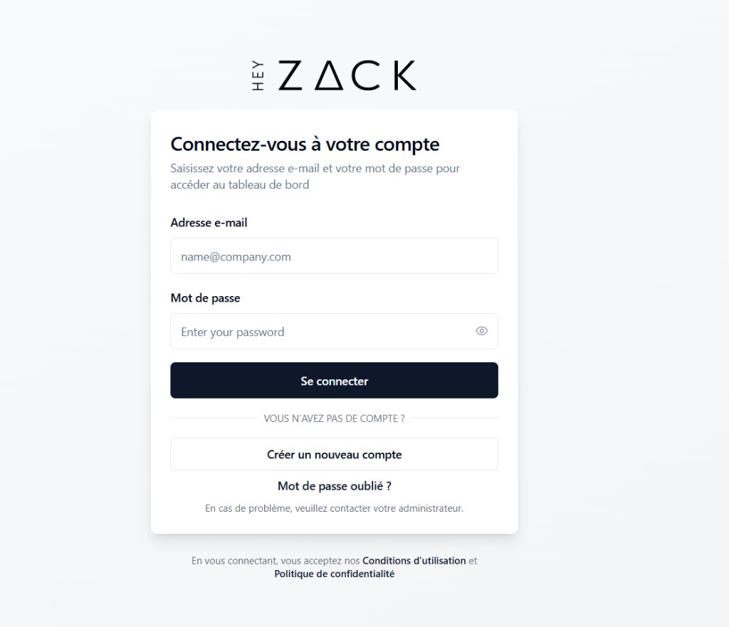 HeyZack sign-in page in French: email and password fields, Se connecter button, and create account option