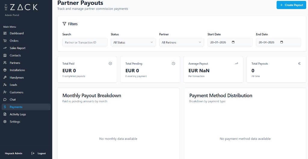 Partner payouts screen with filters and create payout button