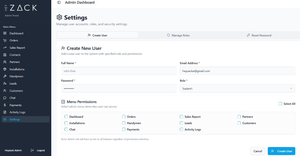 Create user screen